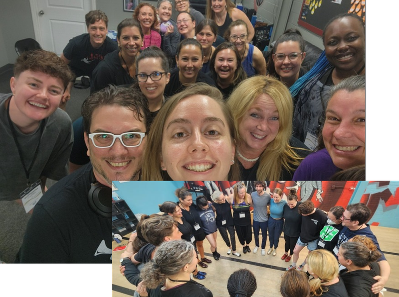 iTap Teacher Retreat participants smiling in a group selfie and standing in a circle in the studio